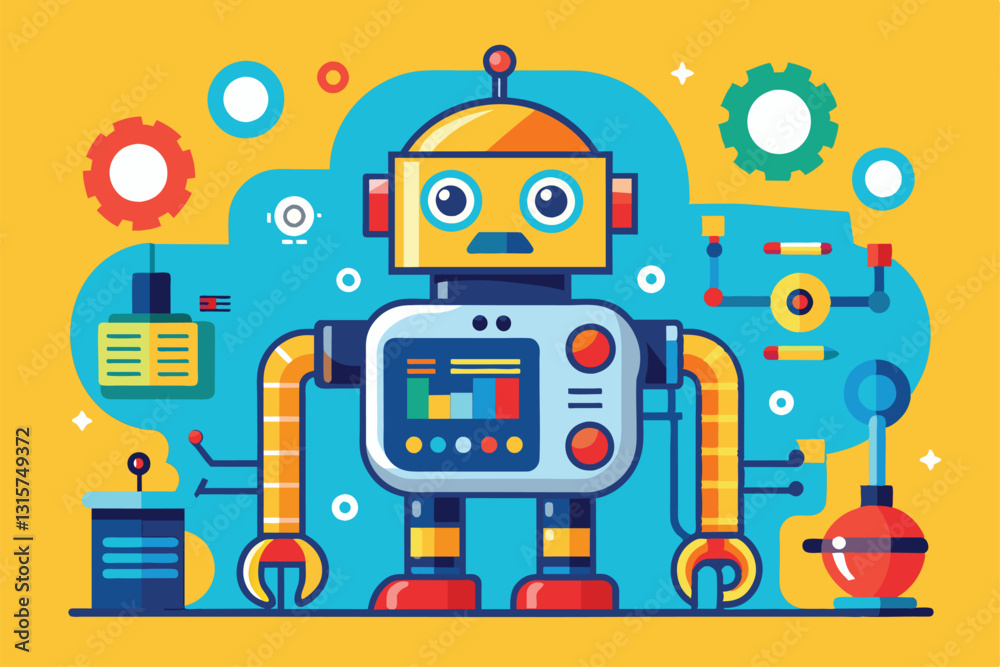 Poster a cheerful robot stands in a vibrant workshop filled with various tools and gears, highlighting robo