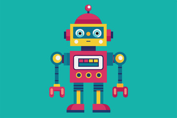A whimsical robot is designed with bold colors and customizable features, perfect for creative uses, Robotics Customizable Disproportionate Illustration