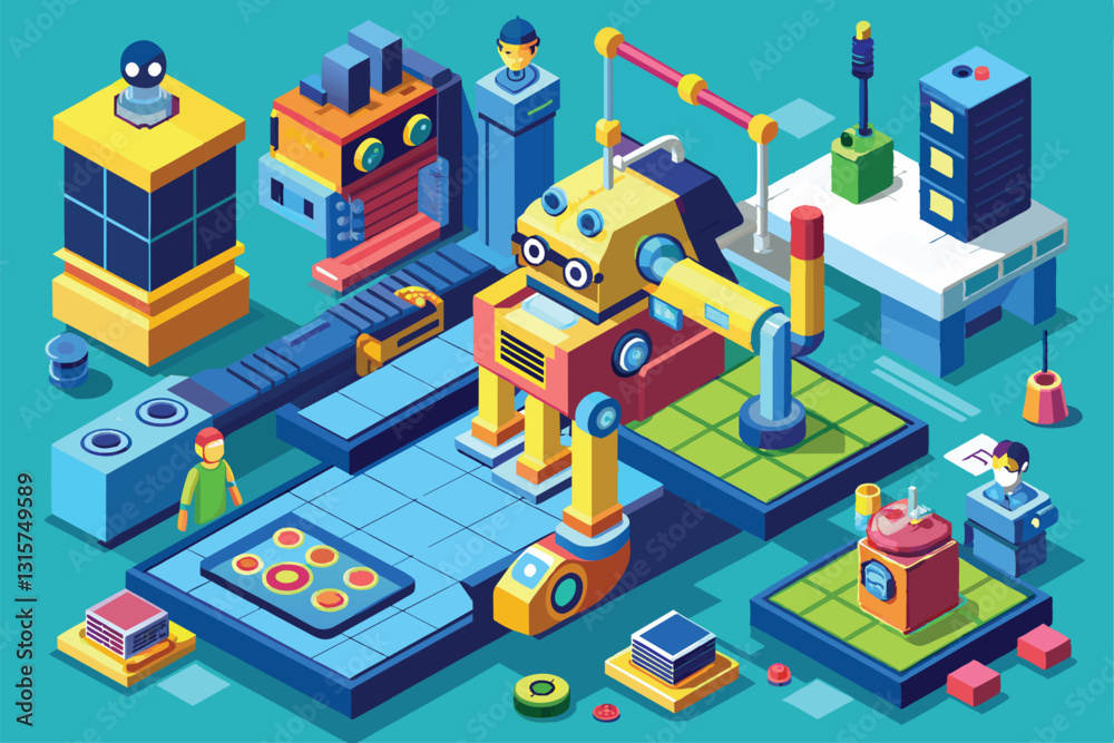 Poster a vibrant isometric robotics workshop displays customizable robots and various interactive component
