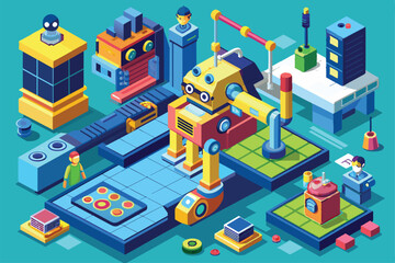 Obraz premium A vibrant isometric robotics workshop displays customizable robots and various interactive components, Robotics Customizable Isometric Illustration