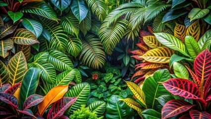 Dense tropical leaf foliage surrounding a jungle bush with vibrant floral colors and intricate patterns, flower, greenery