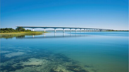 Expansive Bridge Spanning Tranquil Waters Under Clear Blue Sky in Idyllic Coastal Landscape