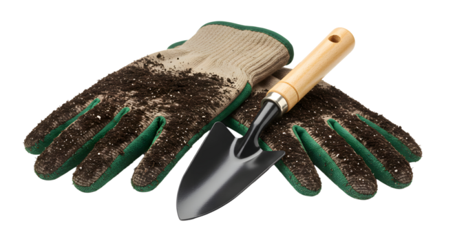 Gardening essentials: a spade and soil-covered gloves, ready for planting