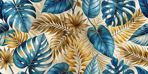 Artistic tropical leaf print wallpaper feature blue-gold foliage on light neutral background for home decor inspiration and interior design ideas, canvas poster, home decor ideas