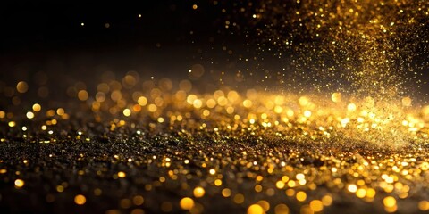 Naklejka premium Glittering gold dust settles on a dark and mysterious black surface, creating a mesmerizing pattern of shine and shadow