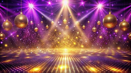 Obraz premium Glittering disco floor with purple and gold lighting effects , Sparkling Lights, Purple Gold Decorations