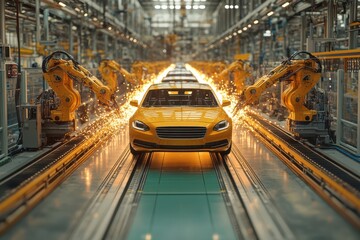 A high-tech car manufacturing plant with robotic arms assembling vehicles. Modern machinery and automated systems in operation.