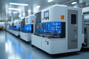 A modern high-tech plastic production facility with machinery, computers, control panels, and industrial equipment.