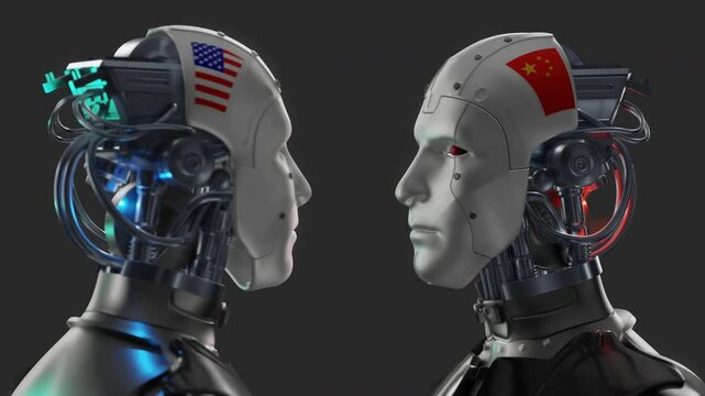 Competition Humanoid robot AI technology between USA and CHINA, 3d rendering
