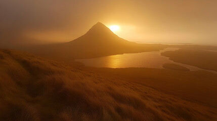Golden sunrise over a mountain and lake