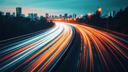 Fototapeta premium Urban Nightscape with Light Trails and City Skyline in Background