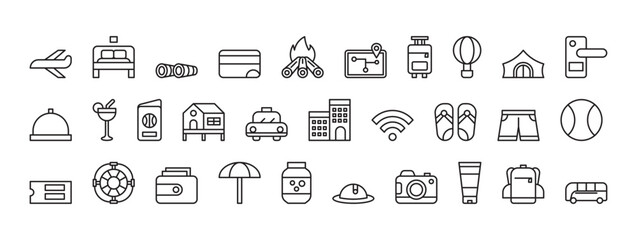 Collection of Various Travel Icons Representing Vacation Activities and Amenities for Adventure Enthusiasts