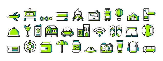Travel Icons Representing Vacation Adventure Activities Including Airplane, Hotel, Nature Exploration and Camping