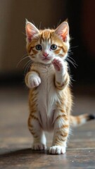 Playful orange tabby kitten exploring its surroundings in a cozy indoor setting