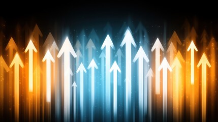 A vibrant design featuring upward arrows in orange, blue, and white, symbolizing growth, progress, or direction.