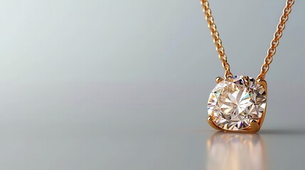 Closeup diamond necklace with gold chain on a smooth reflective surface, modern and clean