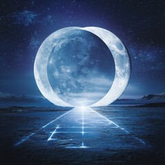 A mysterious time portal opening under twin moons, full moon reflecting past events, crescent moon revealing the future, constellations forming galactic runes