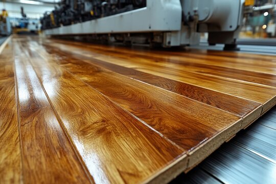 Laminate flooring production process showcasing machinery and workers in a factory setting. Floors, machines, and workers are prominent in the image.