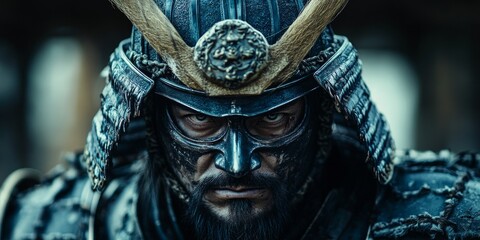 Close up portrait of a samurai warrior wearing traditional armor and mask
