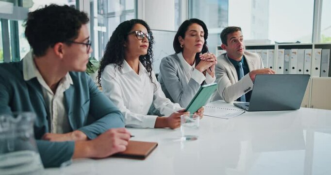 Planning, board and workshop with business people in meeting for panel, investment stats or directors. Feedback, partnership or data report with employees in office for revenue profit and proposal