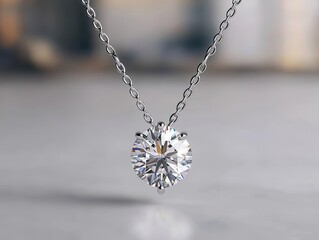 Tiny diamond pendant necklace suspended in midair, isolated on a pure white studio background
