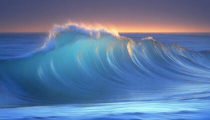 Fototapeta premium A large ocean wave cresting towards the distant sunset horizon