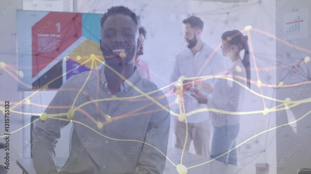 Poster smiling man in office with data processing animation over colleagues discussing