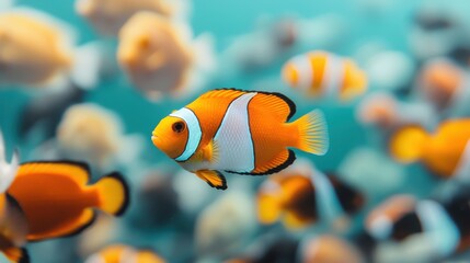 A vibrant underwater scene featuring colorful clownfish swimming amid a backdrop of soft coral and marine life.