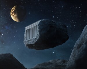 A celestial temple on an asteroid floating between two moons, full moon orbiting close, crescent moon far away, constellations forming a cosmic clock