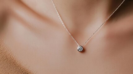 Minimalist diamond pendant necklace lying flat on a sandtextured surface, isolated and modern
