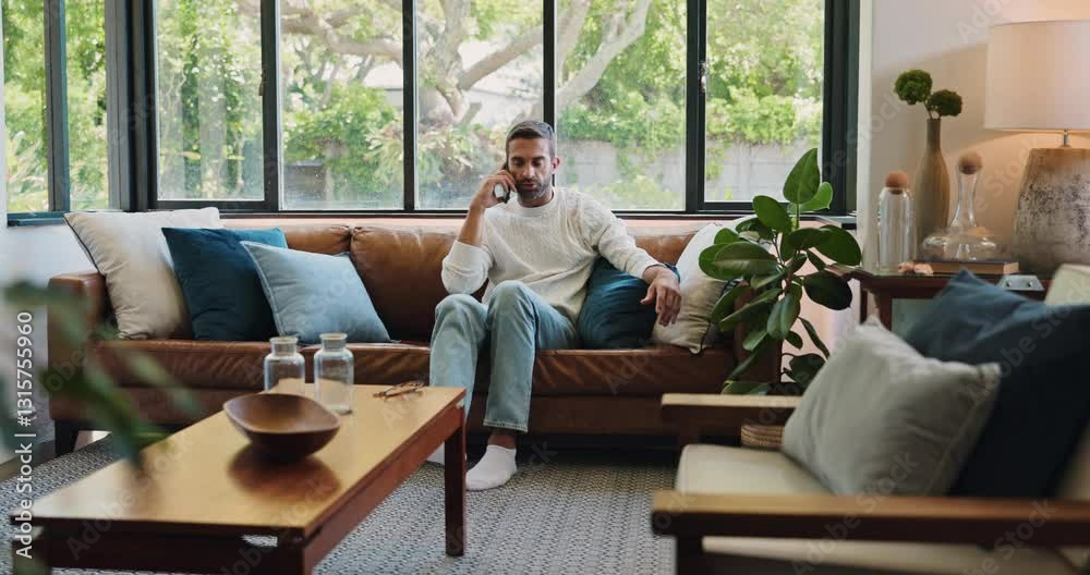 Poster man, phone call and couch for freelance discussion, remote work and online for networking in home. r