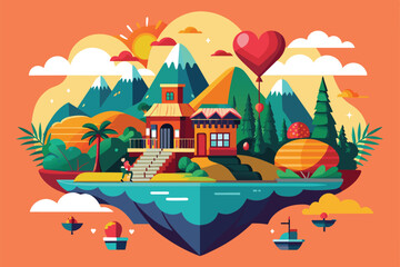 Fototapeta premium A couple enjoys a whimsical escape on a colorful floating island surrounded by mountains and hearts, Romantic getaway Customizable Disproportionate Illustration