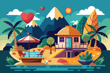 Obraz premium A cozy cottage sits by tranquil water with palm trees, hearts floating in the sky, creating a romantic atmosphere, Romantic getaway Customizable Disproportionate Illustration
