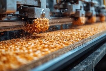 Laminate flooring production factory with automated machinery producing and packaging floor panels in a manufacturing plant setting.
