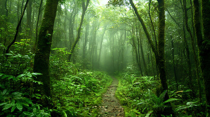 Obraz premium A dense forest with tall pine trees and lush green ferns covered in soft mist creating a mysterious and peaceful natural scene