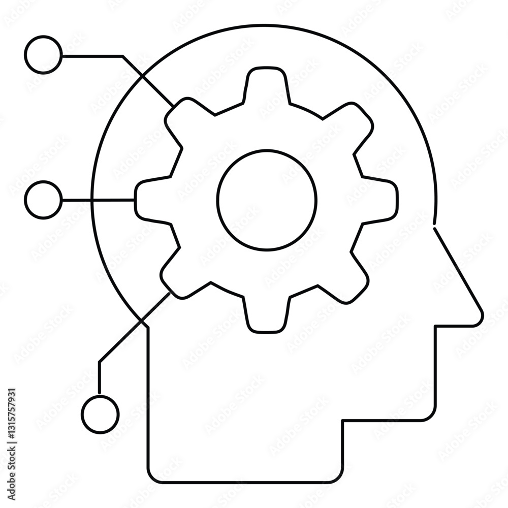Poster black and white outline of human head with gear inside, symbolizing artificial intelligence and technology integration. Lines extend from head, representing connectivity and digital networks