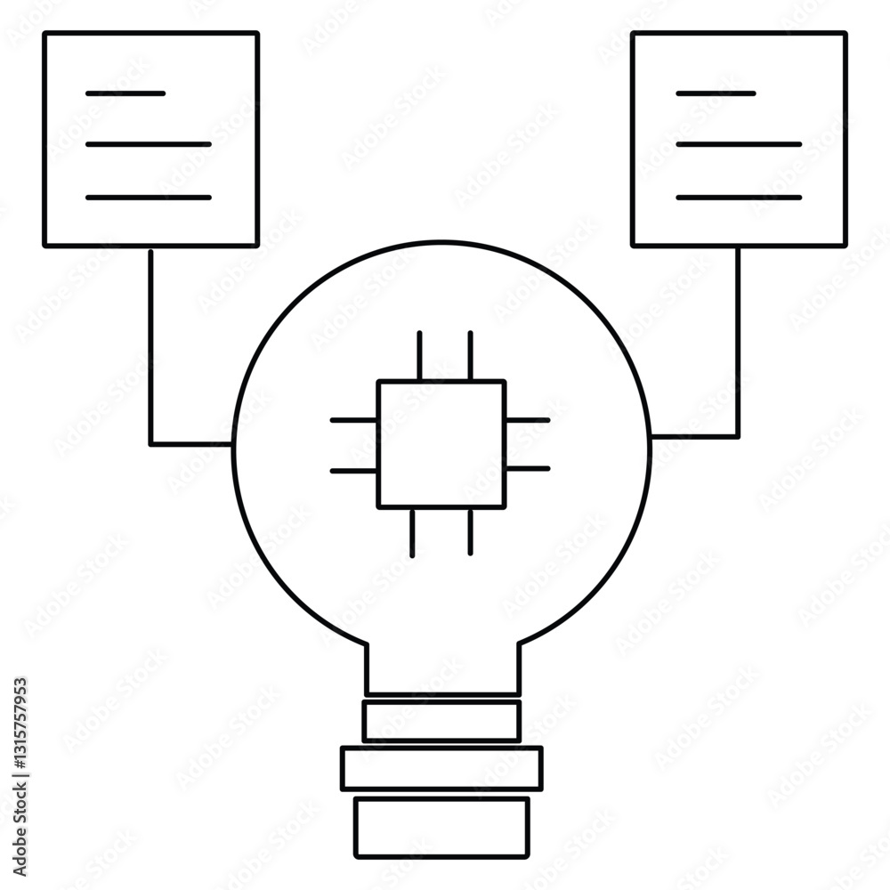 Poster lightbulb with microchip inside symbolizes integration of technology and innovation, with lines connecting to two rectangular boxes representing data or information flow
