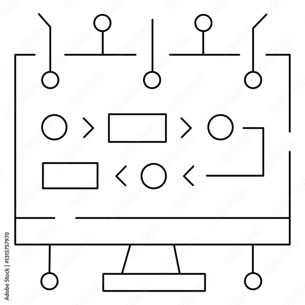 Aufkleber digital illustration of computer screen displaying flowchart with interconnected nodes and lines, symbolizing process or algorithm. design is minimalistic and abstract, emphasizing technology and