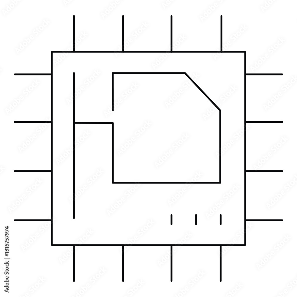 Poster black and white illustration of microchip with geometric design, symbolizing technology and digital innovation. simple lines and shapes convey modern and minimalistic style