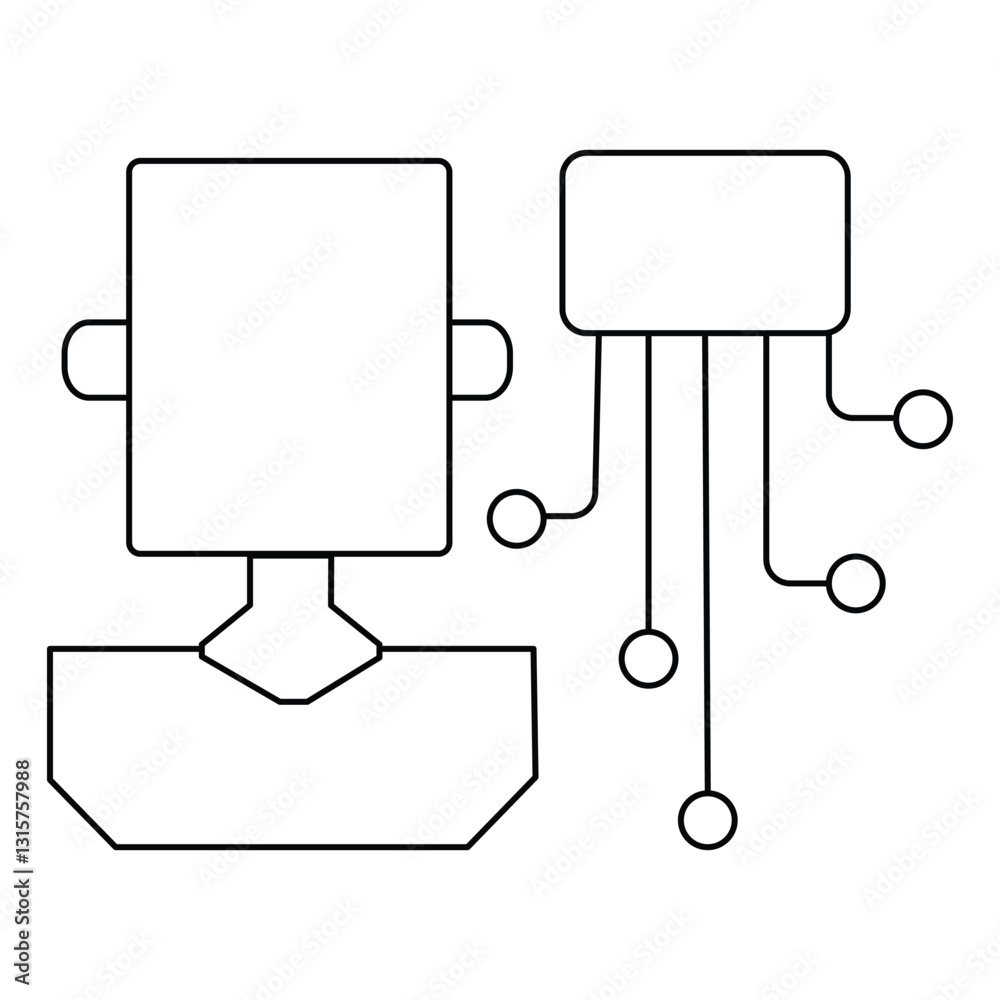 Poster simple line drawing of robot head connected to circuit board, symbolizing artificial intelligence and technology