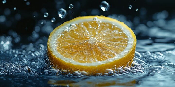 Fresh yellow lemon slice splashing in water with bubbles