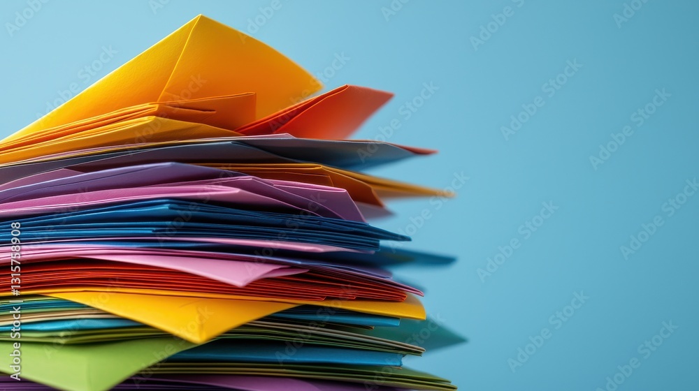 Poster a stack of colorful papers with a blue background