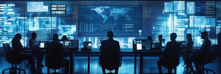 Virtual conference room with business avatars engaged in collaborative meetings and data analysis during a digital gathering