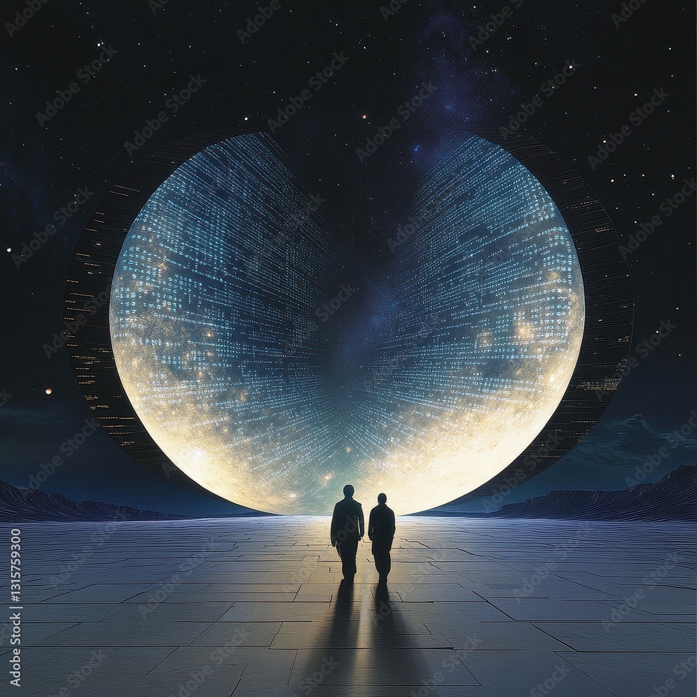 Wall mural a futuristic ai hub where data is encoded in the light of twin moons, full moon emitting binary sign