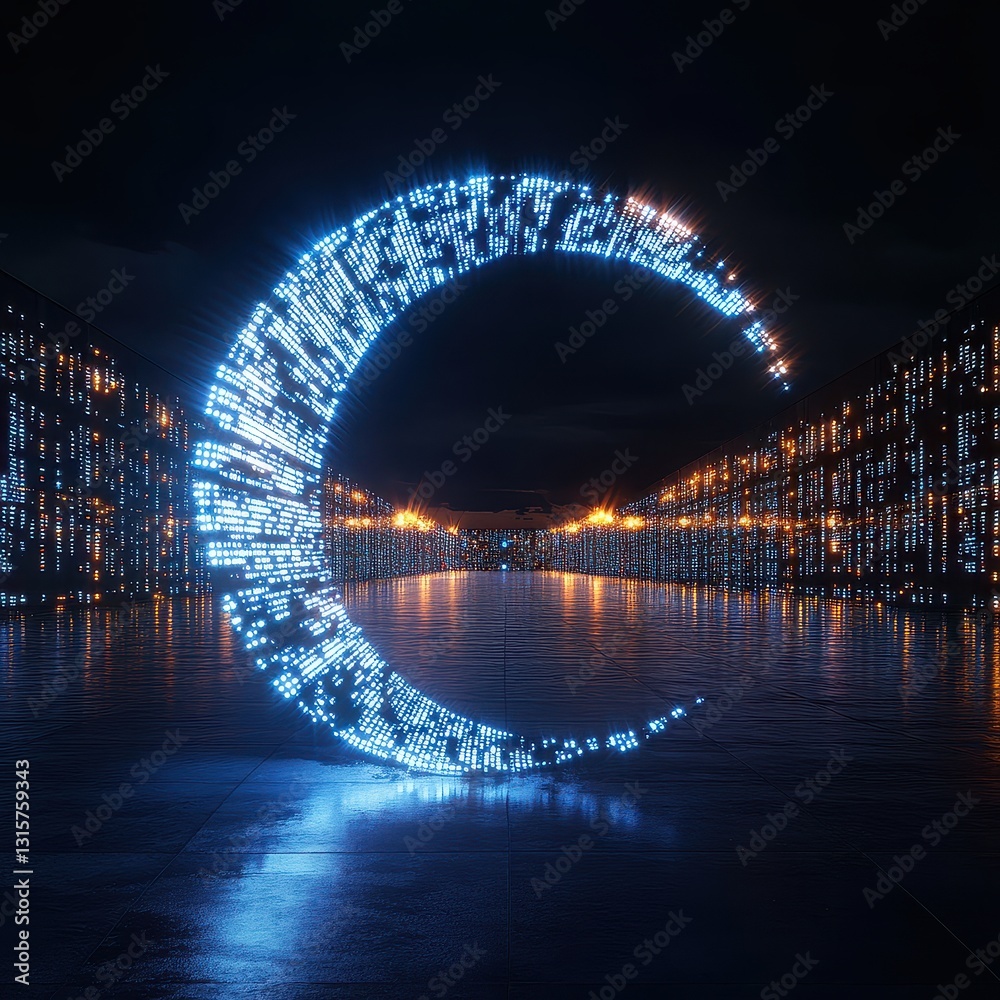 Wall mural a futuristic ai hub where data is encoded in the light of twin moons, full moon emitting binary sign