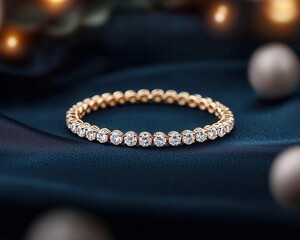 Isolated diamond tennis necklace coiled perfectly on a glossy dark blue surface, premium aesthetic