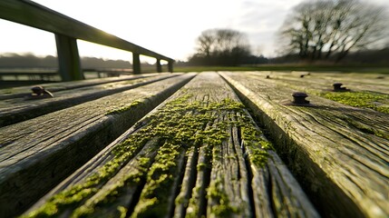 Weathered Wooden Planks with Moss on Rustic Pier Battling Soft Sunset Light in Background