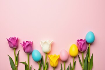 Vibrant Spring Display: Colorful Tulips and Easter Eggs Against a Soft Pink Background Perfectly Capturing the Essence of Seasonal Celebrations and Festivities