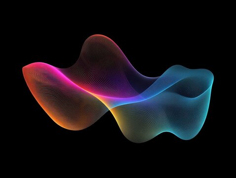 Abstract flowing wave particle visualization on black background. Modern vibrant neon gradient digital illustration.