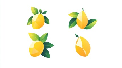 Geometric lemon illustration set, various views, isolated on white background, for food packaging or design